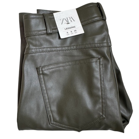 ZARA Faux Leather Vegan Dark Khaki Leggings / Skinny Pants - Size Small - Picture 1 of 12